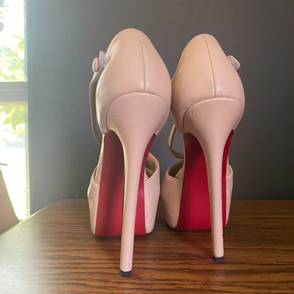 Nude crisscross strap platform peeptoe heels with velcro closure sz 9 - Picture 9 of 10